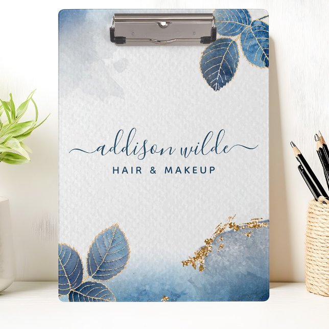 Pranchetas Folhas Botânicas Aquarela Azul Dourado Negócios (Criador carregado)