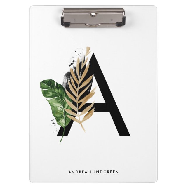 Pranchetas Folhas Tropicais Faux Gold Foil - Letra A Monogram (Frente)