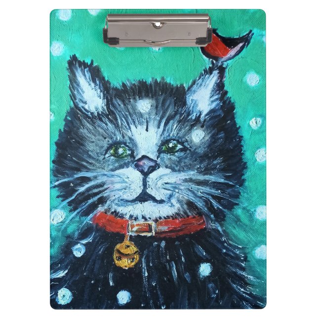 Pranchetas Gato Fofo de Pintura a Óleo com Saudação de Natal  (Frente)