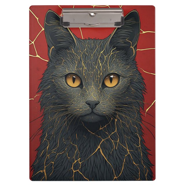 Pranchetas Gato Preto Com Acento De Rachaduras Kintsugi Doura (Frente)