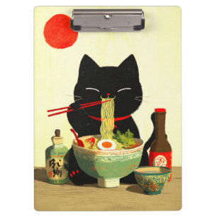 Pranchetas Gato Preto Feliz Comendo Ramen Ukiyo-e Japonês