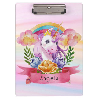 Pranchetas Girls Cute Purple Unicorn Rainbow Nome Personaliza