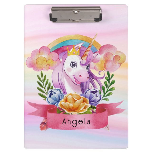 Pranchetas Girls Cute Purple Unicorn Rainbow Nome Personaliza (Frente)