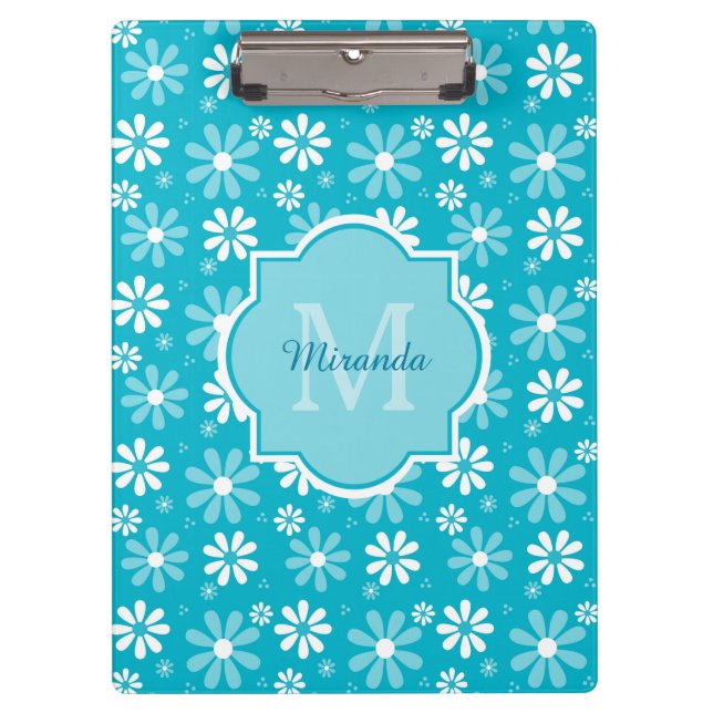 Pranchetas Girly Monogramas Turquoise Daisy Flowers Com Nome (Frente)