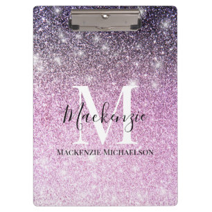 Pranchetas Girly Pink Roxo Ombre Glitter Nome do Monograma