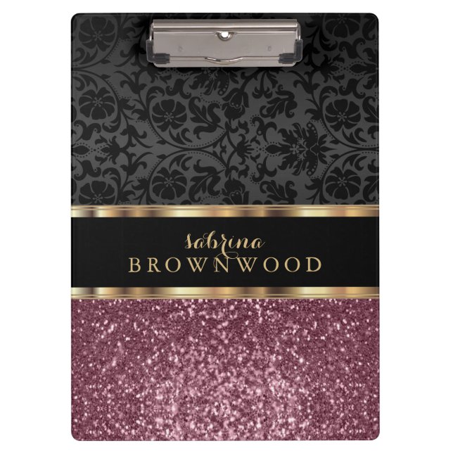 Pranchetas Glitter Dourado rosa e Damasco preto (Frente)