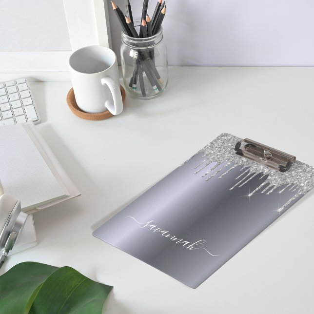 Pranchetas Glitter prateado goteja nome de script elegante (Criador carregado)