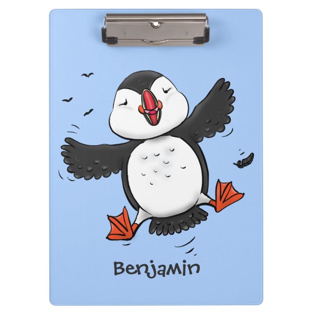 Pranchetas Imagem azul de desenho animado de puffin voador e  (Frente)