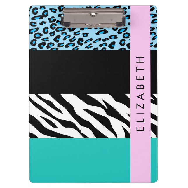 Pranchetas Impressão Leopardo, Impressão Zebra, Azul, Seu Nom (Frente)