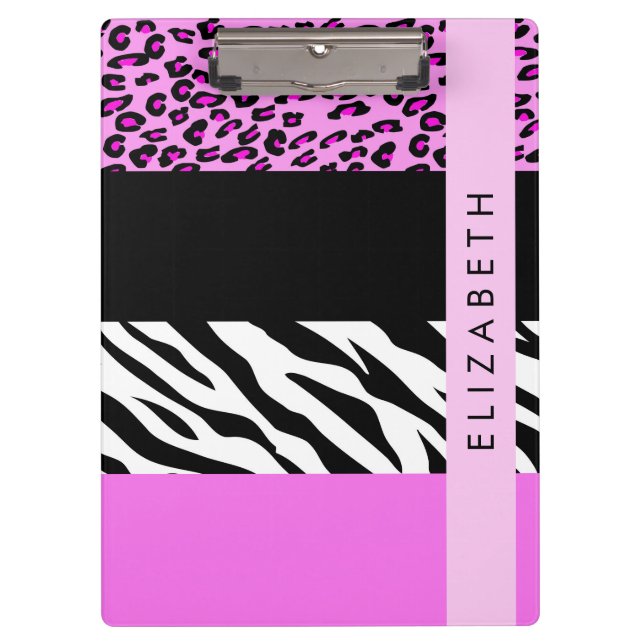 Pranchetas Impressão Leopardo, Impressão Zebra, Rosa, Seu Nom (Frente)