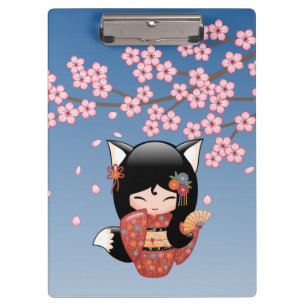 Pranchetas Kitsune Kokeshi Doll - Rapariga Negra Fox Geisha