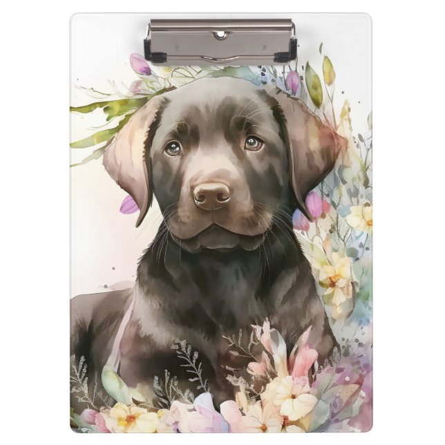 Pranchetas Labrador Retriever Marrom à Aguarela e Flores (Frente)