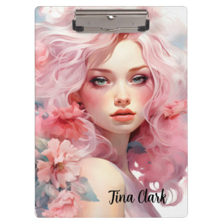 Pranchetas Linda Mulher com Cabelo Rosa e Vestido Rosa