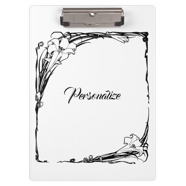 Pranchetas Lírio art nouveau floral preto e branco (Frente)