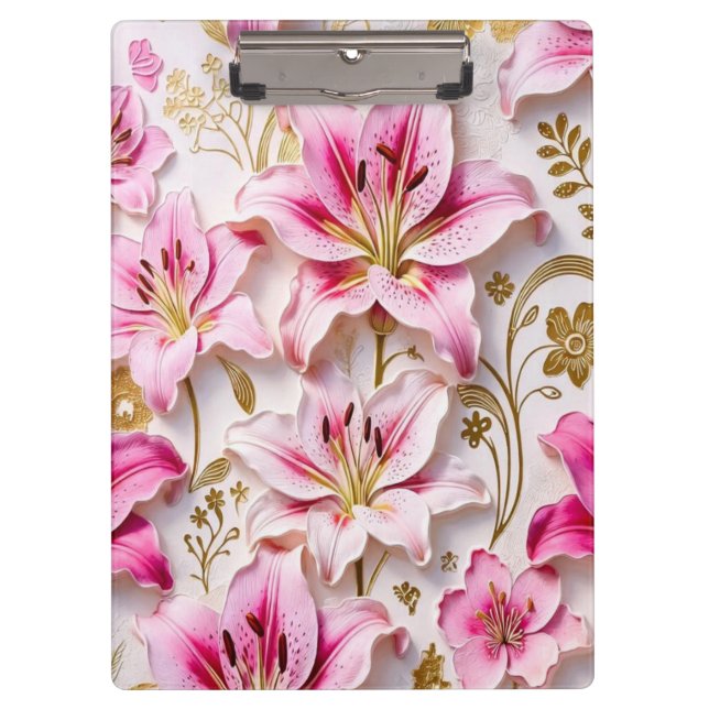 Pranchetas Lírios Rosa Elegantes com Acentos Botânicos Dourad (Frente)