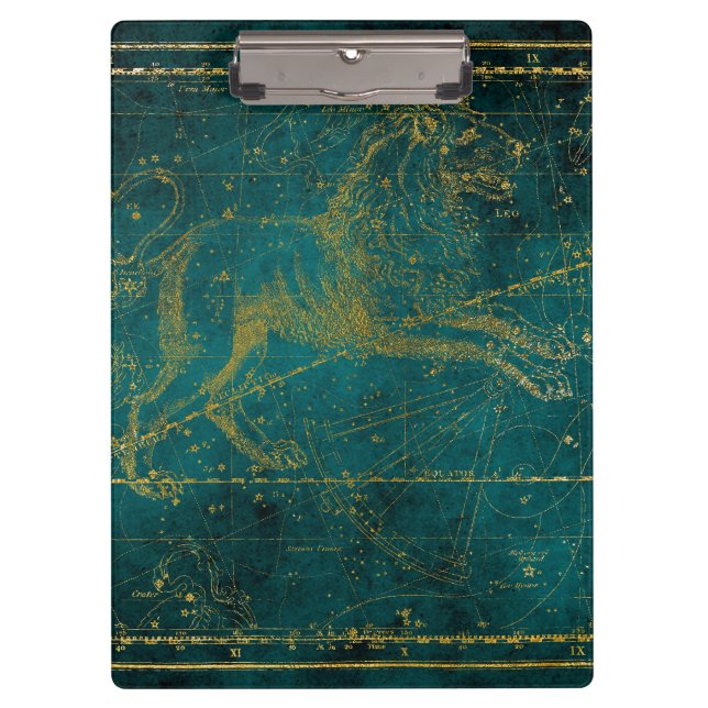 Pranchetas Mapa Estelar Verde e Dourado com Leão Ilustrado Vi (Frente)