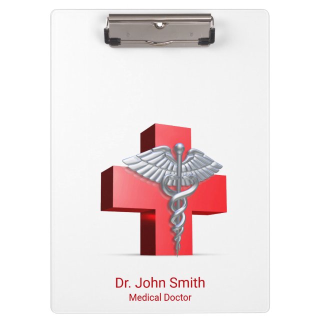 Pranchetas Médico 3D Silver Caduceus Cruz Vermelho (Frente)