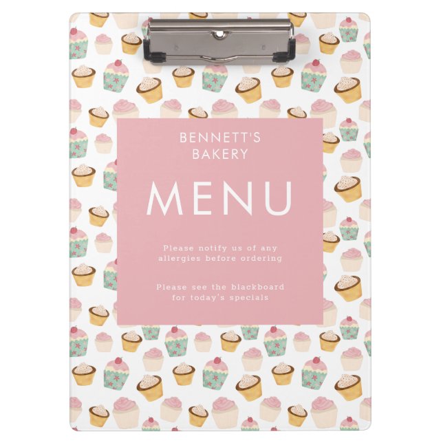 Pranchetas Menu de negócios de Padaria de Cupcake (Frente)