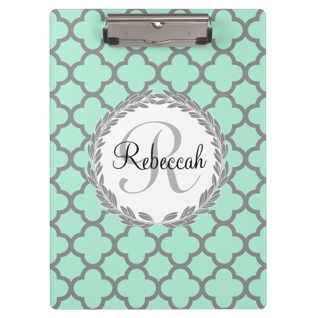 Pranchetas Mint Green Cinza Quatrefoil Name Monogrammed Laure (Frente)