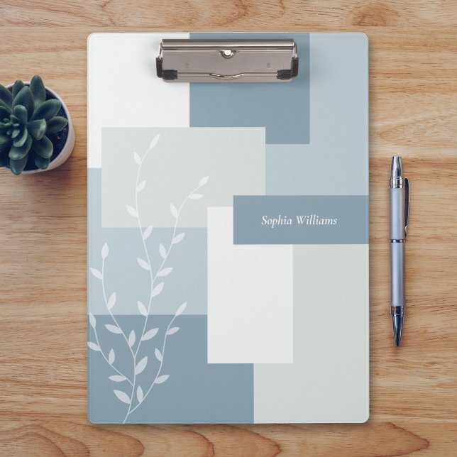 Pranchetas Modern Abstract Dusty Blue White Leaf Clipboard (Criador carregado)