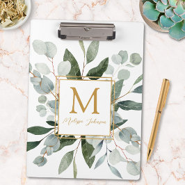 Pranchetas Monogram Watercolor Tropical Eucalyptus White