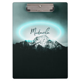 Pranchetas Monograma de luz neon azul misterioso da montanha 