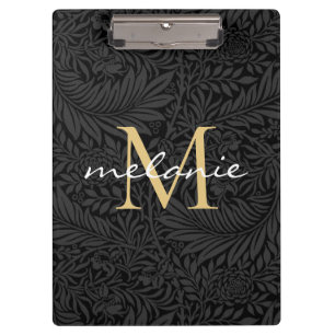 Pranchetas Monograma de Script Floral Dourado Elegante Preto