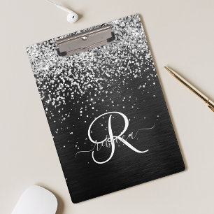 Pranchetas Monograma do Sparkle Preto com Glitter de Prata Pe