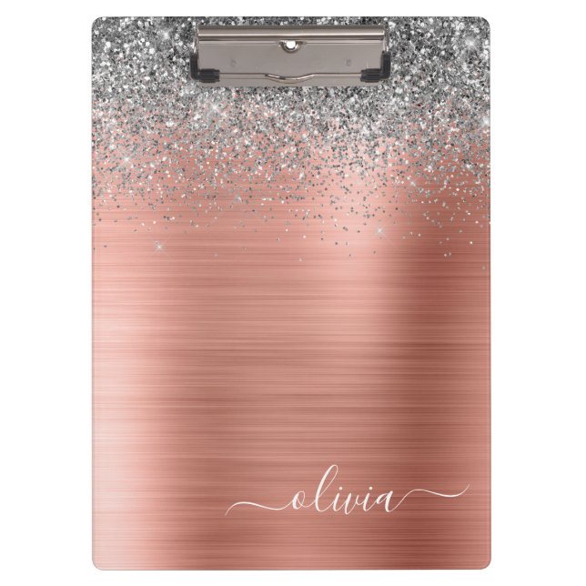 Pranchetas Monograma em Glitter Prateado Dourado Rosa de Meta (Frente)