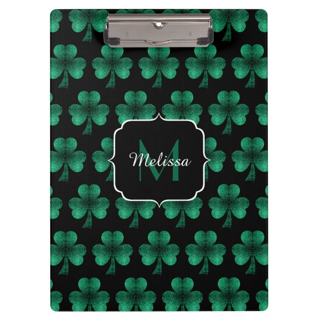 Pranchetas Monograma preto de Shamrock Verde Sparkle Emerald (Frente)