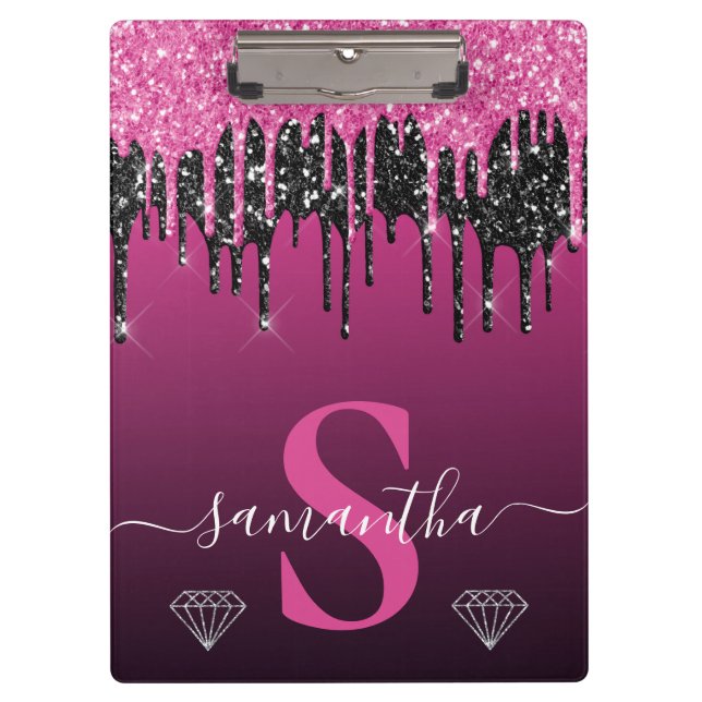 Pranchetas Monograma Quente Rosa e Preto com Glitter Pingando (Frente)