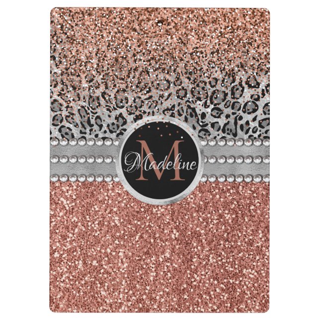 Pranchetas Na moda Glitter Leopard Monograma de Dourada Girly (Verso)