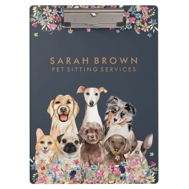Pranchetas Navy Brown Cute Dog Groomer Small Business flowers (Frente)