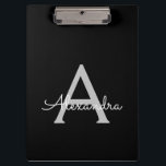 Pranchetas Nome de monograma feminino com escrita moderna em<br><div class="desc">Prancheta de planejamento de nome de monograma preto e prata. Isso torna o presente perfeito para aniversário de 16 anos,  casamento,  chá de noiva,  aniversário de casamento,  chá de bebê ou festa de despedida de solteira para alguém que ama luxo glamoroso e estilos chiques.</div>