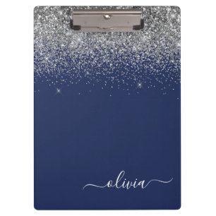 Pranchetas Nome de Monograma Glitter Azul Marinho Prateado Fe