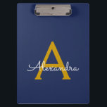 Pranchetas Nome do Monograma da Rapariga do Script Moderno Do<br><div class="desc">Área de Transferência de Planeamento do Nome do Monograma Azul e Dourado. Isto faz o doce e perfeito aniversário de 16 anos,  casamento,  chá de panela,  aniversário,  chá de fraldas ou festa de solteira presente para alguém que ama luxo de luxo e estilos quíticos.</div>