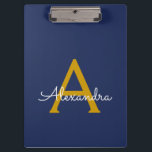 Pranchetas Nome do Monograma da Rapariga do Script Moderno Do<br><div class="desc">Área de Transferência de Planeamento do Nome do Monograma Azul e Dourado. Isto faz o doce e perfeito aniversário de 16 anos,  casamento,  chá de panela,  aniversário,  chá de fraldas ou festa de solteira presente para alguém que ama luxo de luxo e estilos quíticos.</div>