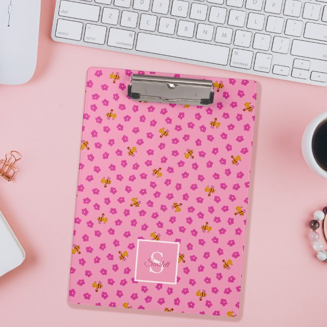 Pranchetas Nome do Monograma do Padrão de Abelhas e Flores Cu (Criador carregado)