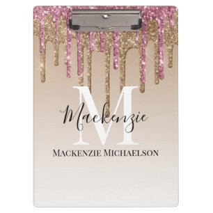 Pranchetas Nome do Monograma Glitter Rosa Rosa Menor Dourado