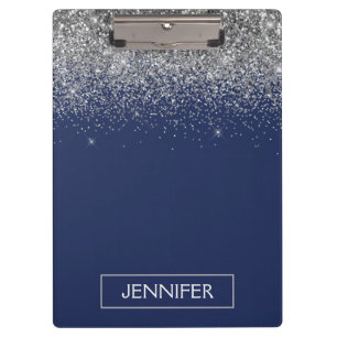 Pranchetas Nome Monograma Glitter Azul Marinho Prateado Femin