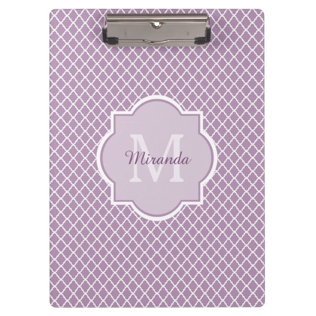 Pranchetas Nome Monogrammed roxo de Quatrefoil da lavanda (Frente)