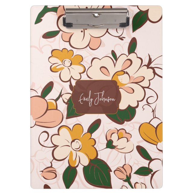 Pranchetas Nome Personalizado Floral Retro Prado Creme Amarel (Frente)