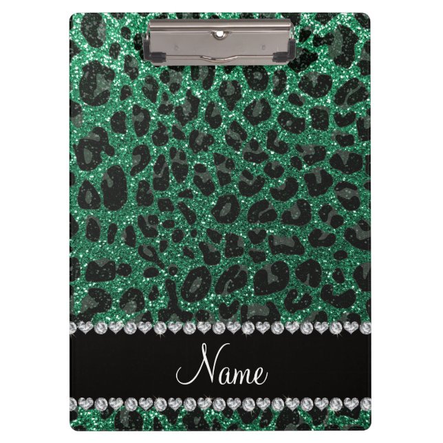 Pranchetas Nome personalizado mint verde brilho leopardo (Frente)