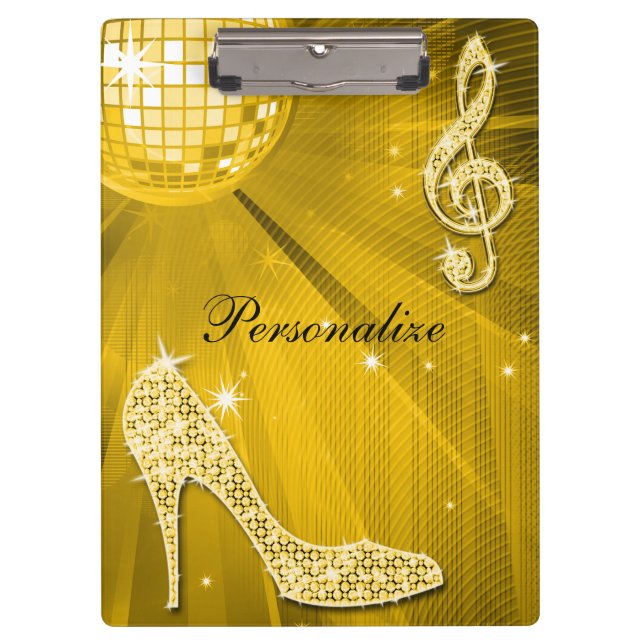 Pranchetas Nota Musical e Salto Alto com Brilho Dourado (Frente)