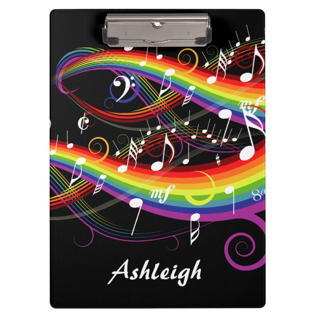Pranchetas Notas personalizadas de música branca do arco-íris (Frente)