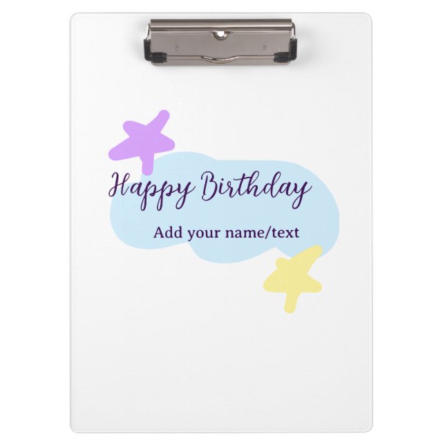 Pranchetas Nuvens azul pastel estrelas roxo feliz aniversário (Frente)