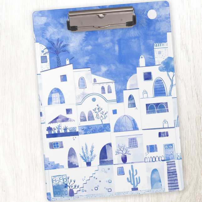 Pranchetas Oia Santorini Grécia Watercolor Painting (Oia Santorini Greece blue and white watercolor art clipboard)