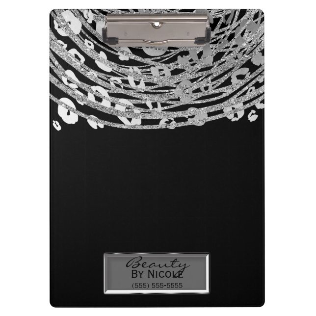 Pranchetas Onça Leopard Glam Personalizada Prata Preta (Frente)