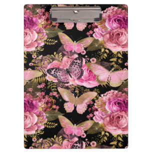 Pranchetas Padrão de Borboleta Floral de Folha Rosa e Dourada