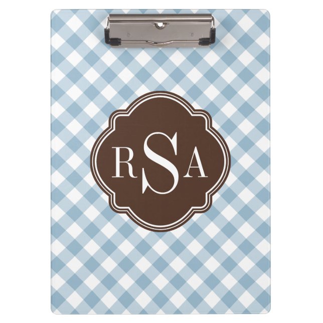 Pranchetas Padrão de Gingham Azul Castanho Triplo Monograma (Frente)